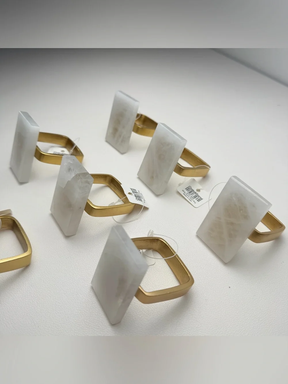 Crate & Barrel White Quartz Marble Gold Napkin Ring s 7pcs set Table Setting